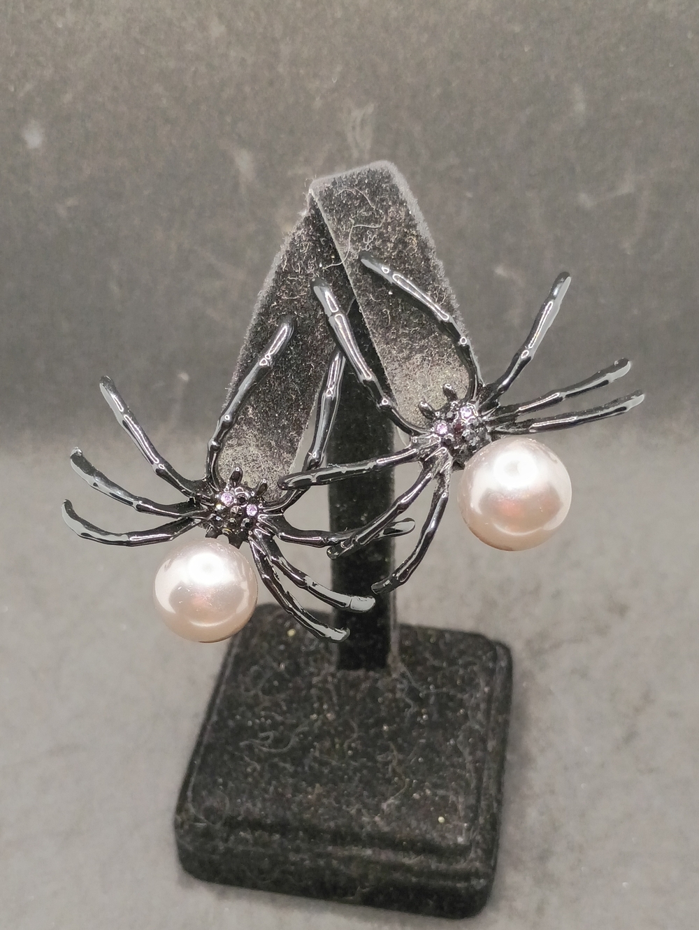 Black Spider Faux Pearl Drop Earrings with White Pearls